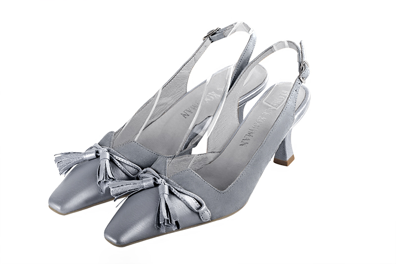 Mouse grey women's open back shoes, with a knot. Tapered toe. Medium spool heels. Front view - Florence KOOIJMAN